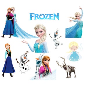 May include: A collage of images featuring characters from the animated film "Frozen." The images include Elsa, Anna, Olaf the snowman, and Sven the reindeer. The word "FROZEN" is displayed in blue, along with various illustrations of the characters.