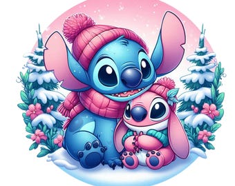 スティッチとエンジェルの冬のデザイン、スティッチのPNGクリップアート、エンジェルのPNG、リロとスティッチのキャラクター、即時ダウンロード