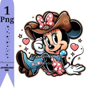 May include: A cartoon illustration of a mouse wearing a brown cowboy hat with a pink polka dot bow. The mouse is wearing a blue dress and boots with pink stars. The image includes hearts and stars.