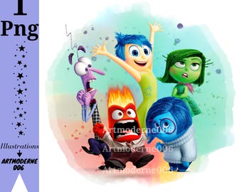 May include: A digital illustration of characters from the film "Inside Out." The image shows Joy, Fear, Anger, Disgust, and Sadness against a watercolour background. The image also includes the text "1 Png" and "Illustrations ARTMODERNE 006."