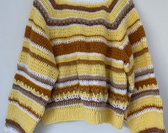 Womens Cardigan: Crochet Jumper / Knit / Size 8 / Winter Clothing / Top / Handmade / Gift / Yellow / Stripe / Boho / Long Sleeve / Sweater