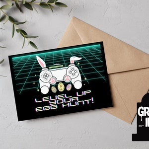 Biglietto d'auguri stampabile di Pasqua per salire di livello per i giovani giocatori di videogiochi