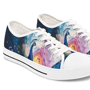 Wild Peacock Sneakers, Colorful Bird Shoes, Stylish Animal Print Footwear, Women&#39;s Sneakers, Unique Gift for Her, Trendy Casual Shoes