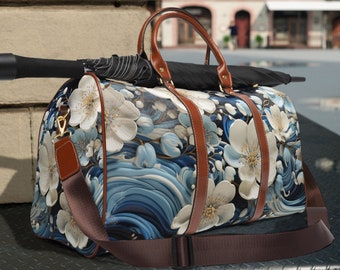 Stylish Waterproof Travel Bag: Blue Floral Beauty - Perfect Gift for Her