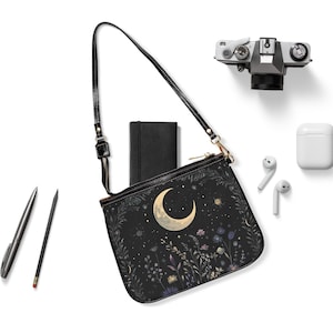 Celestial Small Shoulder Bag, Starry Skies and Crescent Moon Design, Custom Crossbody Purse, Galaxy Theme Cross Body Bag, Night Sky Handbag