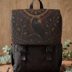 Gothic Raven Illustration Backpack | Dark Floral Motif