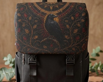 Gothic Raven Illustration Backpack | Dark Floral Motif