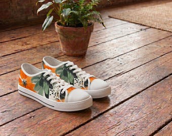 Orange Blumenmuster Damen Low Top Sneakers Botanische Segeltuchschuhe