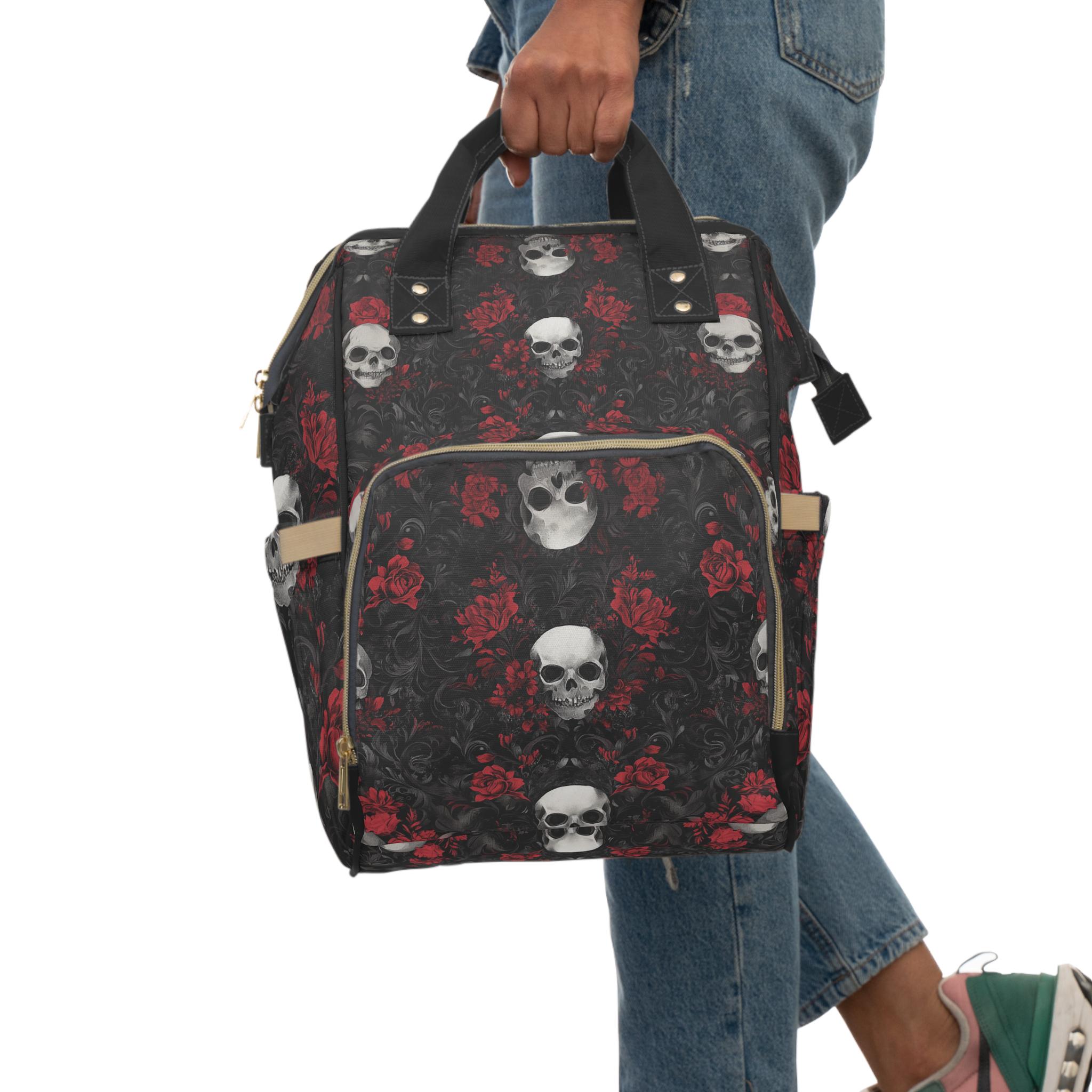 Black and Red With Skulls and Roses, Gothic Style Backpack  display picture 3