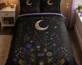 Juego de cama de algodón con estampado floral de luna creciente / Ropa de cama Jardín Nocturno