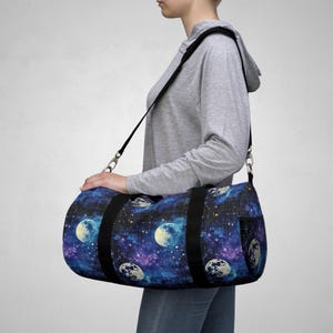 Celestial Cosmic Moon in Outer Space Duffle Bag, Night Sky Travel Tote, Gym Bag, Boho Overnight Bag, Starry Sky Weekender, Moon Phases