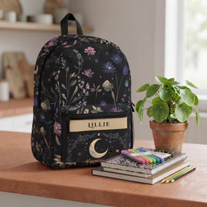 Celestial Moon Wheat and Wildflowers Backpack - Back to School Diaper Bag, School Bag, Travel Backpack, Unique Gift Idea, Handmade Backpack