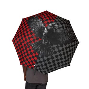 Foldable Umbrella, Gothic Raven Design, Goth Birthday Christmas Gift, Black Gray Red, Halloween Accessory, Alternative Weatherproof Parasol,