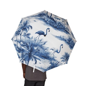 Foldable Umbrella, Blue Toile Flamingos Design, Compact Travel Parasol - Rainy Day Accessories, Unique Gift Idea, Tropical Bird Lover,