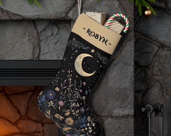 Black and gold with Crescent Moon Goth Santa Stocking, Christmas gift, goodies, Fun surprise, Christmas morning, teens
