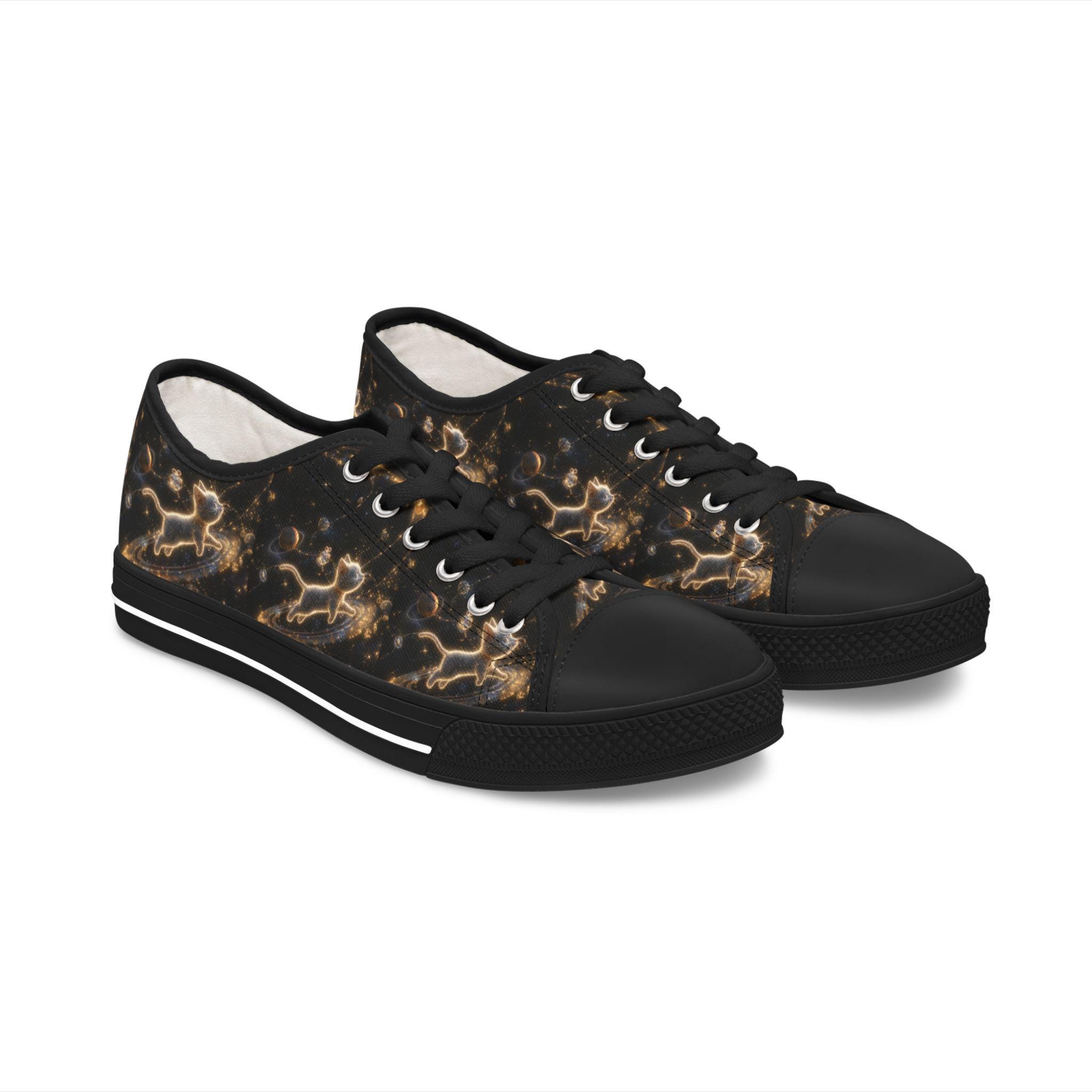 Cosmic Kitty Low Top Sneakers, Black and Gold Space Shoes, Women's Sneakers for Cat Lovers, Celestial Galaxy Footwear, Fashionable Cosmic