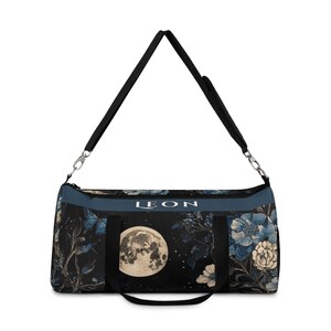 Blue Celestial Moon and Wildflowers Duffle Bag, Night Sky Travel Tote, Floral Gym Bag, Boho Overnight Bag, Starry Sky Weekender, Moon Phases