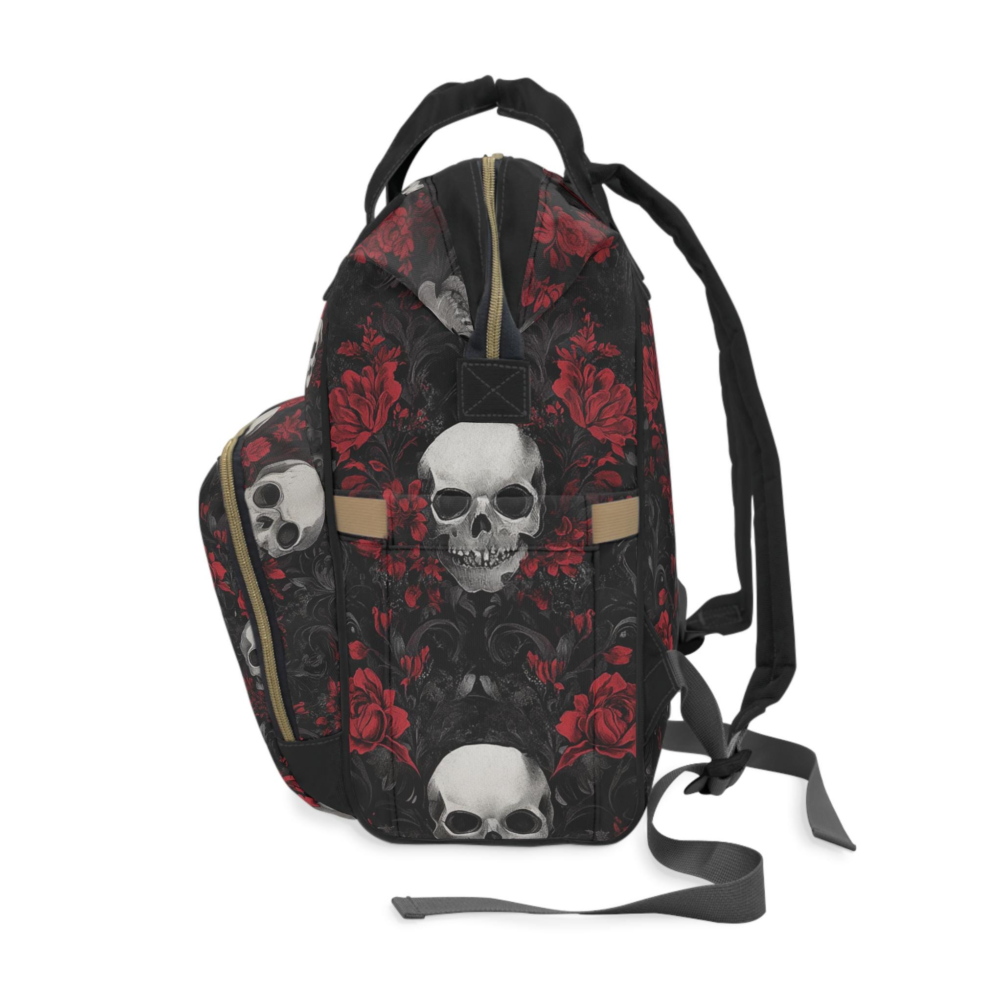 Tactical Floral Skull Backpack - Black with Red & Gold Accents Lightweight Backpack Roses and Skull School Bag Travel  main image 4