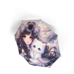 Umbrella, Anime Cat Girl 2 Foldable Umbrella, Kawaii Japanese Umbrella, Cute Manga Kitty Parasol, Compact Travel Rain Umbrella