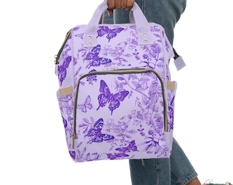 Purple Butterfly Pattern Diaper Backpack, Floral Baby Nappy Bag