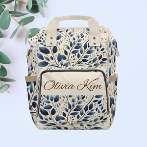 Custom Personalized Blue and Beige Leaf Design Backpack Diaper Bag