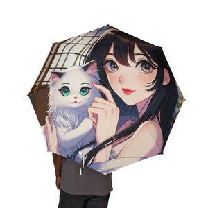 Umbrella, Anime Cat Girl Foldable Umbrella, Kawaii Japanese Umbrella, Cute Manga Kitty Parasol, Compact Travel Rain Umbrella