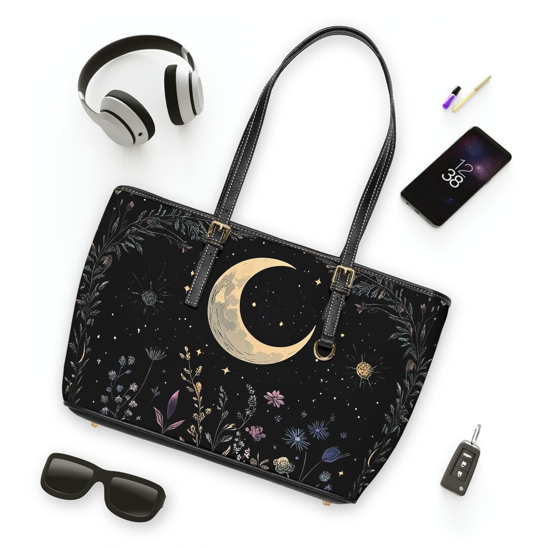 Shoulder Bag, Celestial Design Crescent Moon Handbag, Black Tote
