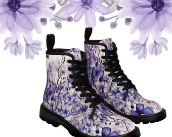 Boots for her - Custom designed purple lavender floral Women's Canvas Boots, Great Gift, Gift for her