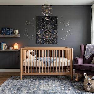 May include: A nursery with a wooden crib, a purple rocking chair, and a blue rug with a star pattern. A floral print canvas hangs above the crib, and a mobile with moons and stars hangs from the ceiling.