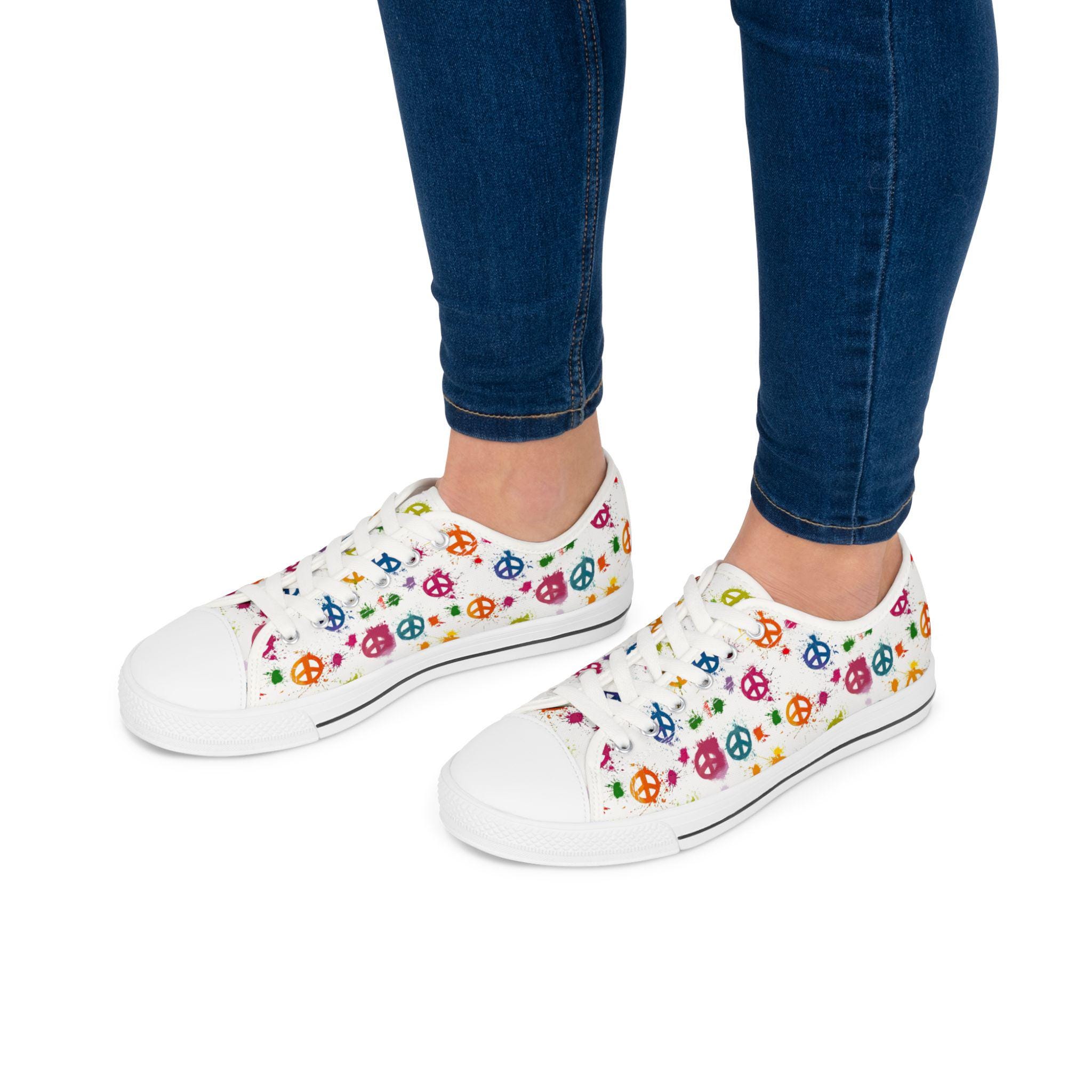 Rainbow Peace Signs Sneakers, Colorful Women's Shoes, Low Top Canvas Sneaker, Hippie Footwear, Unique Tennis Shoes, LGBT Pride Fashion,