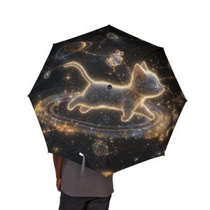 Foldable Umbrella for Cat Lovers, Cosmic Kitty Cat Print, Space Theme, Portable Compact Parasol, Travel Accessory