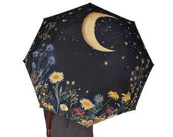 Himmlischer Blumenschirm B - Künstlerisches faltbares Design für Regentage, perfektes Geschenk für Naturliebhaber, stilvolle Regenkleidung, Mond- und Sternenthema