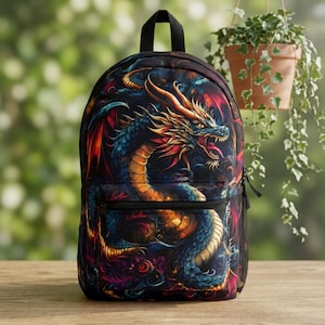 Blue Red Dragon Illustration Backpack | Fantasy Serpent, Smoke Art