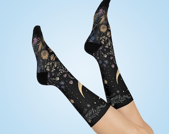 Celestial Crescent Moon and Florals Cushioned Crew Socks