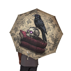Umbrella, Gothic Raven Skull Design, Halloween Decor, Foldable Rain Parasol, Spooky Goth Accessories, Alternative Emo Fashion, Witchy