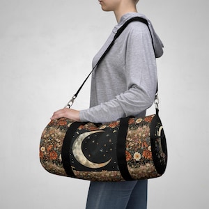 Celestial Moon and Wildflowers Duffle Bag, Night Sky Travel Tote, Floral Gym Bag, Boho Overnight Bag, Starry Sky Weekender, Moon Phases