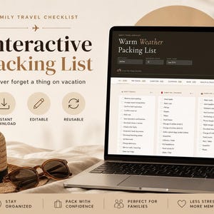 May include: A laptop screen shows an interactive packing list for warm weather holidays. The checklist includes sections like "Don't Forget" and "Carry On." A straw hat and sunglasses are on a bed, with text reading "Instant Download," "Editable," and "Reusable."