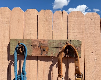 Rustic Farmhouse Wall Mount Rack, Reclaimed Wood, Rusted Metal Hooks, Horse Lover Gift