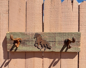 Rustic Farmhouse Wall Mount Rack, Reclaimed Wood, Rusted Metal Hooks, Horse Design