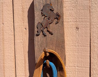 Rustic Farmhouse Wall Mount Rack, Reclaimed Wood, Rusted Metal Hooks, Horse Design