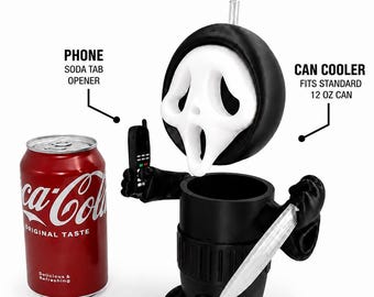 Ghost Face Inspired Can Cooler | Horror 12 oz Soda Can Holder | Halloween Drink Cooler | Phone Soda Tab Opener | Spooky Gift