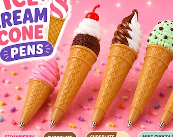 Ice Cream Cone Pens Set, Cute Dessert Pens, Kawaii Stationery, Novelty Teacher Gift, Mochi Makes, Free Storage Box with 6 Flavor Set