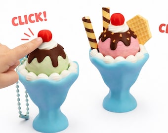 Ice Cream Sundae Fidget Clicker Keychain: 3D Printed Dessert Toy, Stress Relief Tool