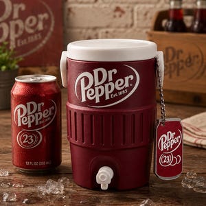 May include: A maroon Dr. Pepper beverage cooler with a white lid and spigot, featuring the white Dr. Pepper logo. Beside it sits a 12 fl oz aluminum soda can with the same branding. A small metal tag shaped like a soda can hangs from the cooler.
