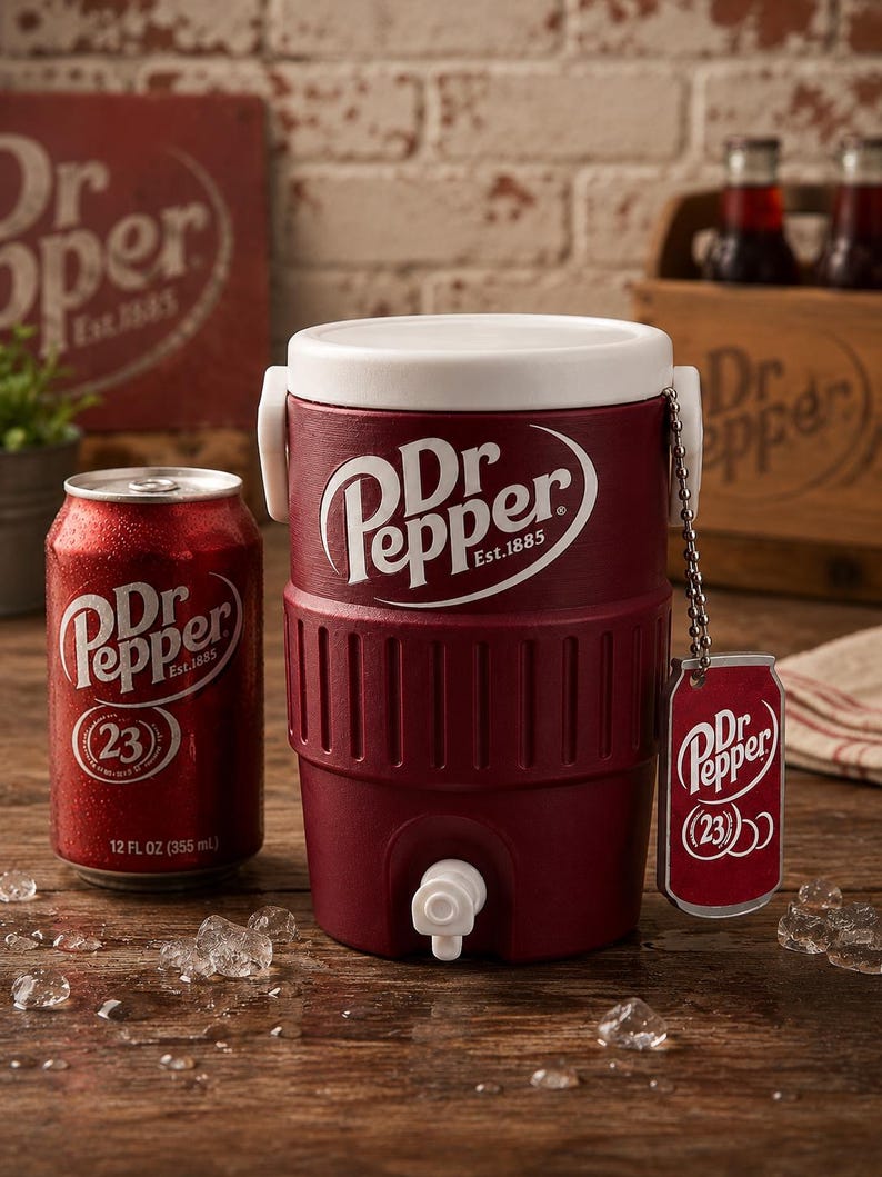 May include: A maroon Dr. Pepper beverage cooler with a white lid and spigot, featuring the white Dr. Pepper logo. Beside it sits a 12 fl oz aluminum soda can with the same branding. A small metal tag shaped like a soda can hangs from the cooler.