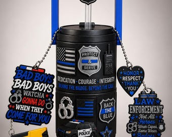Enfriador de latas de policía impreso en 3D con tapa de pajita y llavero / Soporte para latas delgadas de 355 ml
