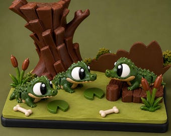 3D Printed Articulated Crocodile Swamp Playset | Mini Diorama Display, Fidget Toy