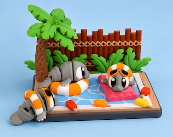 Manatee Pool Party Diorama Set, 3D Printed Manatee Toys, Mini Ocean Animal Playset, Articulated Sea Cow, Beach Pool Gift