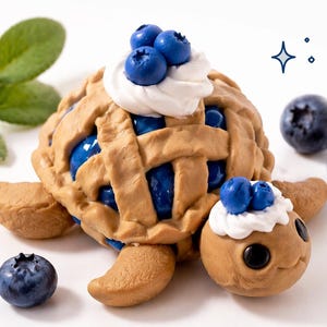 May include: A whimsical, handcrafted turtle figurine with a blueberry pie shell for a shell. The pie is topped with whipped cream and blueberries. Additional blueberries are scattered around the turtle. The figurine is a unique decorative item.