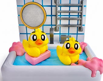 Articulated Duck Bath Mini Diorama: 3D Printed Rubber Ducks, Kawaii Desk Display Toy